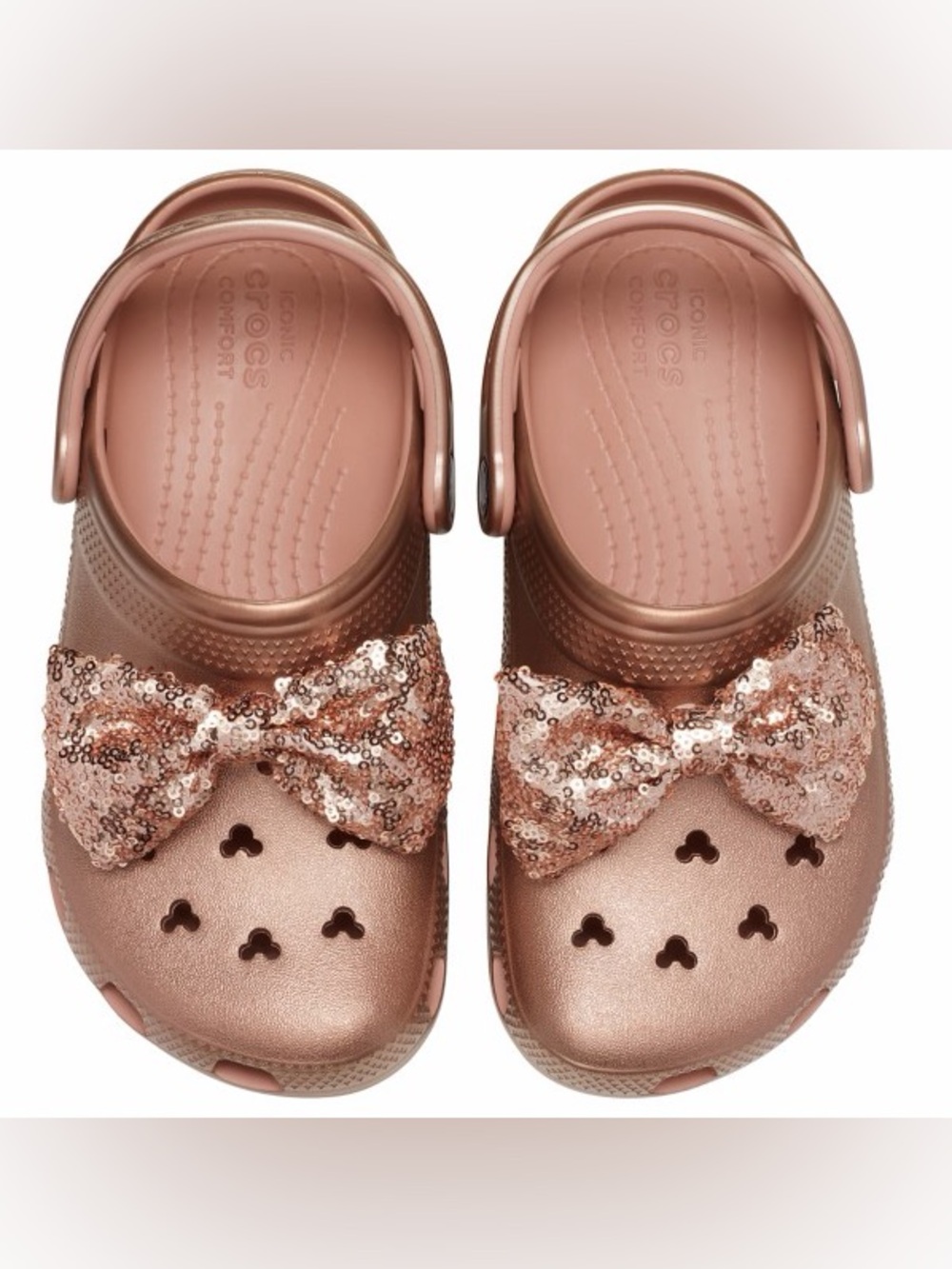 New Disney Parks Rose Gold Crocs with Minnie Mouse Bow sequins Women’s 7 8 9